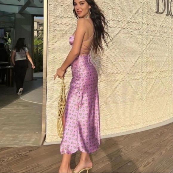 Zara Dresses & Skirts - Zara Purple Satin Floral Corset Style Lace-Up Open Back Thigh Slit Maxi Dress